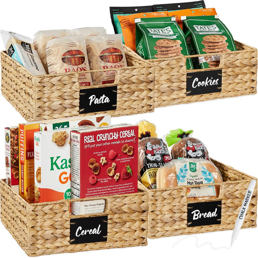 Best Choice Products Set of 4 13x12in Water Hyacinth Pantry Baskets, Woven Organizers w/Chalkboard Label, Chalk Marker - Natural