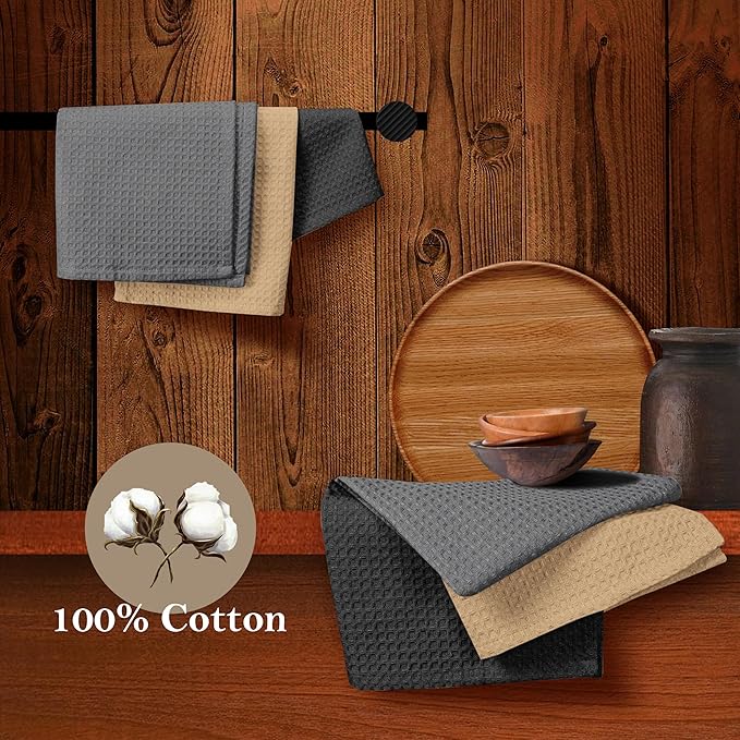 Waffle Dishcloths, 12x12 Inch, Soft, Absorbent, Durable, Quick Drying, Reusable, 100% Cotton, Ideal for Cleaning, Towels, Multipurpose Use, Set of 12, Black,Grey, Beige