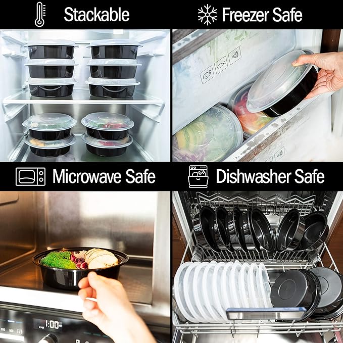 Igluu Meal Prep Round Plastic Containers - New Improved Lid - Reusable BPA Free Food Containers with Airtight Lids - Microwavable, Freezer and Dishwasher Safe - Stackable Salad Bowls - [10 Pack]