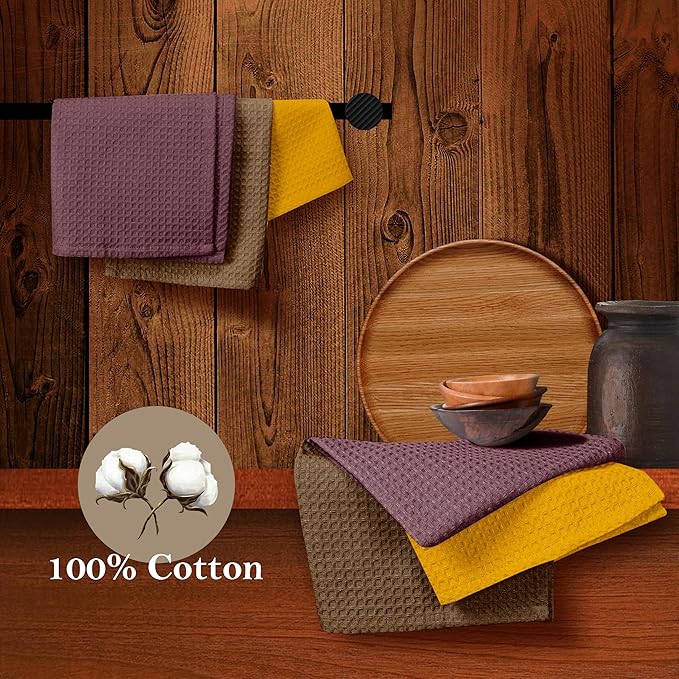 Waffle Dishcloths 12x12 Inches, 12 Pack, Absorbent, Soft, Durable, Reusable, Quick Drying, Machine Washable, 100% Cotton, Ideal for Drying Dishes, Cleaning, Burgundy, Brown, Yellow
