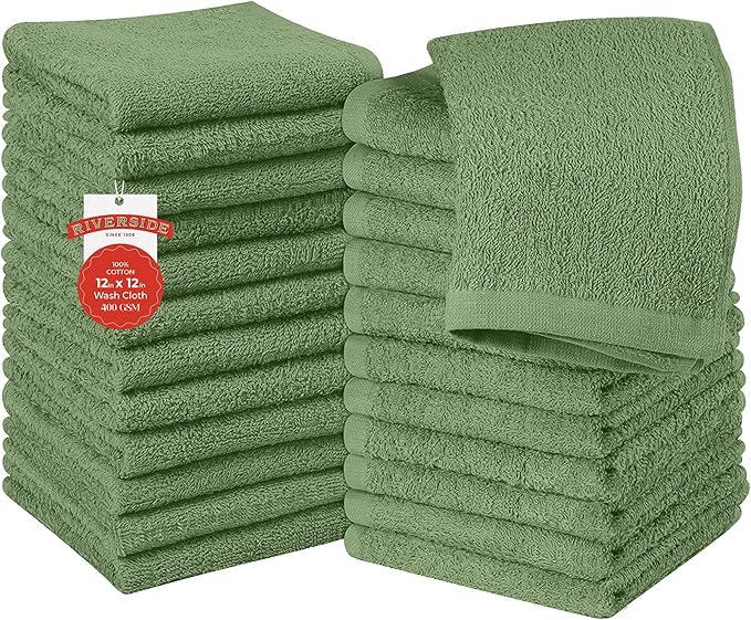 RIVERSIDE 24 Pack Washcloths Set - 100% Cotton [12x12 Inches] - Soft, Quick-Dry & Highly Absorbent Face Towels - Perfect for Bathroom, Gym, Hotel, Spa & Travel - Sage Green