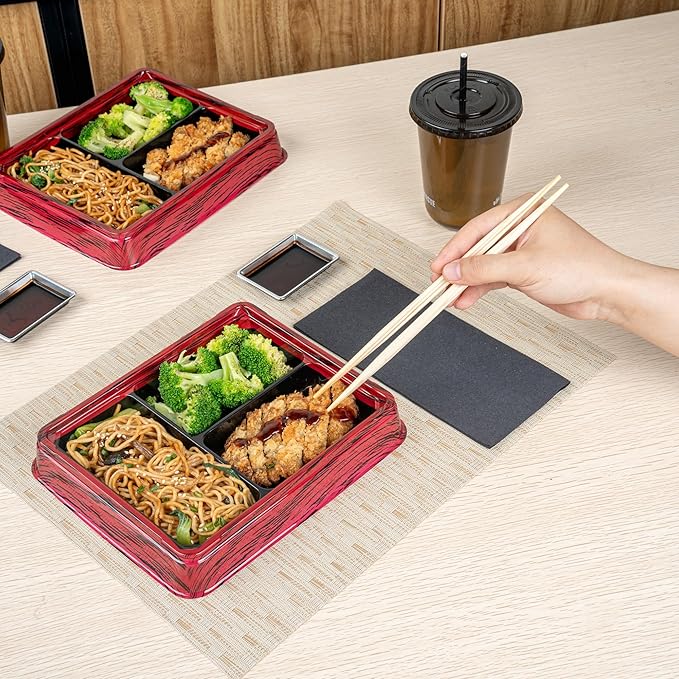 Restaurantware-Bento Tek 16.1 Ounce Meal Prep Containers, 100 Disposable To Go Food Boxes - Lids Sold Separately, 3 Compartments, Red And Black Plastic Bento Lunch Boxes, Freezable, For Take Out