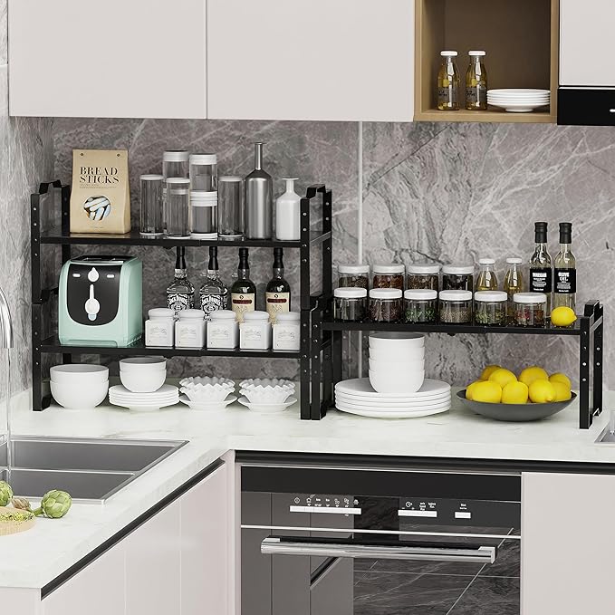 Expandable Shelf for Cabinet Organizer Adjustable Stackable Spice Rack at Kitchen and Bathroom More, Counter Countertop Cupboard Organization Pantry Storage(3 Packs/Black, Medium)