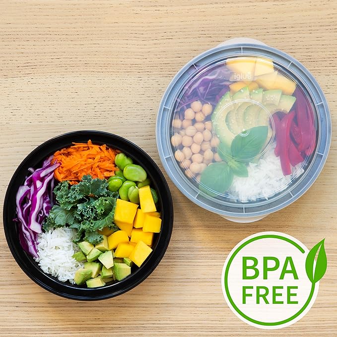 Igluu Meal Prep Round Plastic Containers - New Improved Lid - Reusable BPA Free Food Containers with Airtight Lids - Microwavable, Freezer and Dishwasher Safe - Stackable Salad Bowls - [10 Pack]