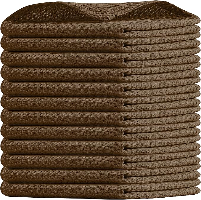 Brown Waffle Dishcloths, 12x12 Inch, Durable, Soft, Absorbent, Quick Drying, 100% Cotton, Reusable, Machine Washable, Ideal for Cleaning, Multipurpose Towels, Set of 12