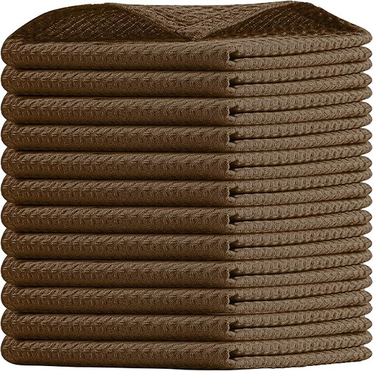 Brown Waffle Dishcloths, 12x12 Inch, Durable, Soft, Absorbent, Quick Drying, 100% Cotton, Reusable, Machine Washable, Ideal for Cleaning, Multipurpose Towels, Set of 12