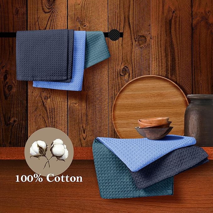 Waffle Dishcloths, 12x12 Inch, Soft, Absorbent, Durable, Quick Drying, Reusable, Machine Washable, 100% Cotton, Ideal for Drying Dishes, Multipurpose Use, 12 Pack, Navy,Teal, Sky Blue