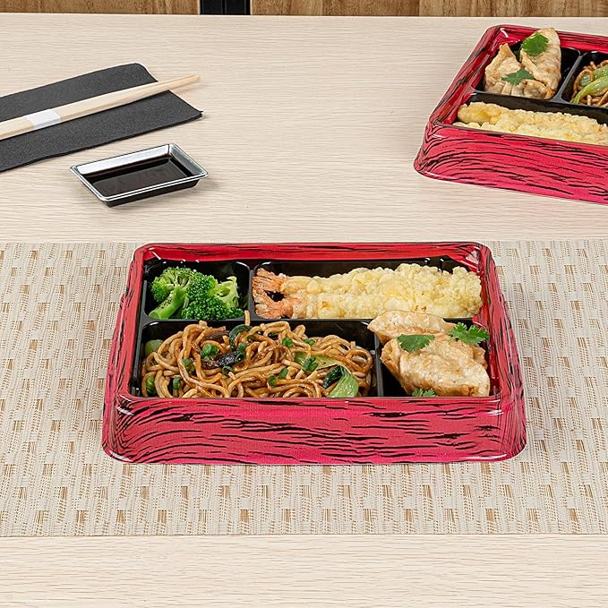 Restaurantware Bento Tek 15.2 Ounce Meal Prep Containers, 100 Disposable To Go Food Boxes - Lids Sold Separately, 4 Compartments, Red And Black Plastic Bento Lunch Boxes, Freezable, For Take Out