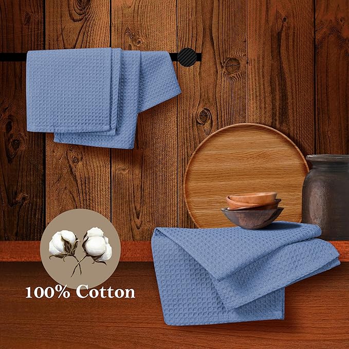 Sky Blue Waffle Dishcloths, 12x12 Inch, Absorbent, Durable, 100% Cotton, Soft, Quick Drying, Machine Washable, Perfect for Drying Dishes, Multipurpose Towels, Everyday Use, 12 Pack