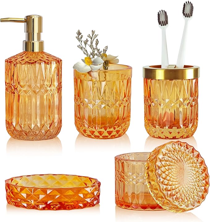 Orange Bathroom Accessories Set, 5Pcs Clear Glass Bathroom Set, Lotion Soap Dispenser, Soap Dish, Tumbler, Toothbrush Holder Set, Qtips Holder for Crystal Vintage Bathroom Countertop