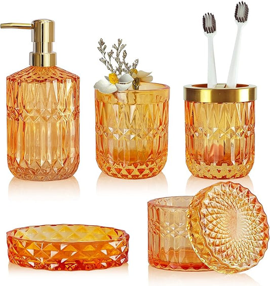 Orange Bathroom Accessories Set, 5Pcs Clear Glass Bathroom Set, Lotion Soap Dispenser, Soap Dish, Tumbler, Toothbrush Holder Set, Qtips Holder for Crystal Vintage Bathroom Countertop
