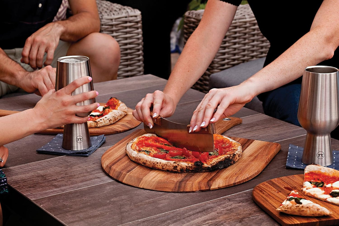 Outset Acacia Wood Handled Extra-Large Pizza Rocker with Protective Case, 13-Inch Blade, Stainless Steel