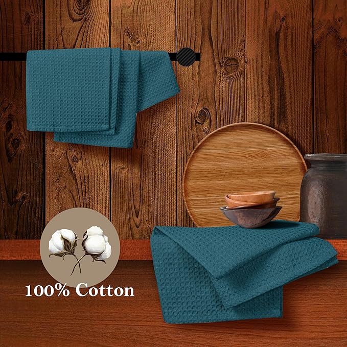 Teal Waffle Dishcloths, 12"x12", Soft, and Absorbent, 100% Cotton, Reusable, Quick Drying, Machine Washable, Ideal for Kitchen Cleaning, Multipurpose Towels for Everyday Use, 12 Pack
