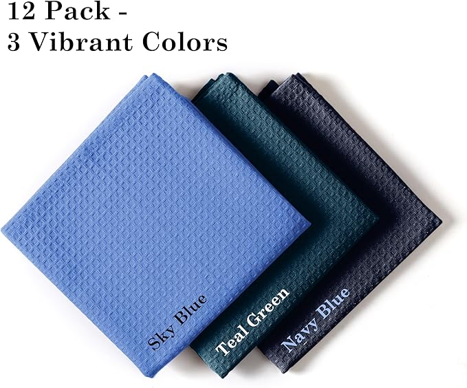 Waffle Dishcloths, 12x12 Inch, Soft, Absorbent, Durable, Quick Drying, Reusable, Machine Washable, 100% Cotton, Ideal for Drying Dishes, Multipurpose Use, 12 Pack, Navy,Teal, Sky Blue