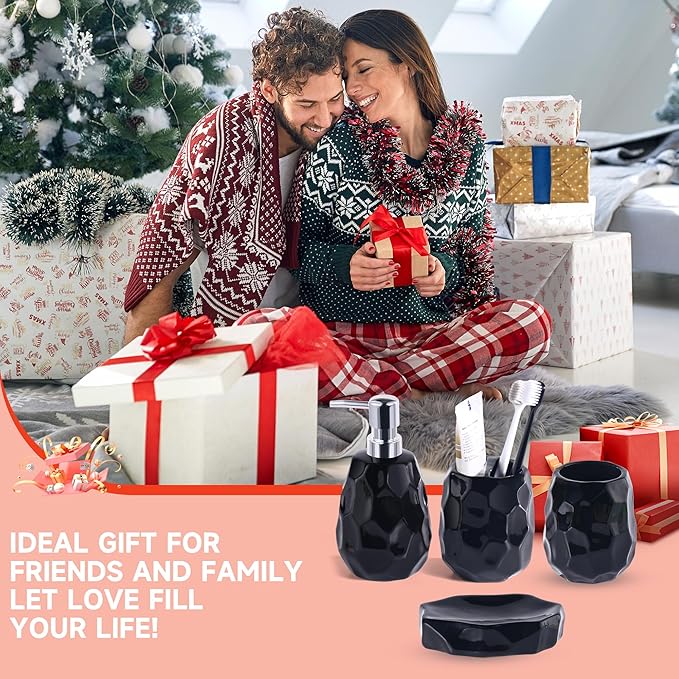 Ceramic Bathroom Accessories Set 4 PCS,Modern Bathroom Accessory Set,Include Toothbrush Holder,Soap Dispenser, Vanity Tray,Tumbler,Bathroom Sets Decor Organizer with Soap Dish,Apothecary Jar (Black)