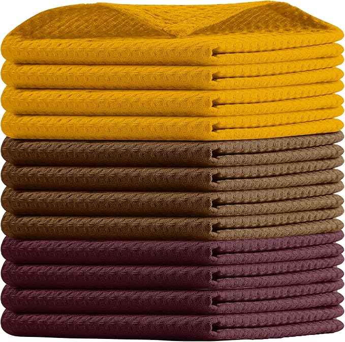 Waffle Dishcloths 12x12 Inches, 12 Pack, Absorbent, Soft, Durable, Reusable, Quick Drying, Machine Washable, 100% Cotton, Ideal for Drying Dishes, Cleaning, Burgundy, Brown, Yellow