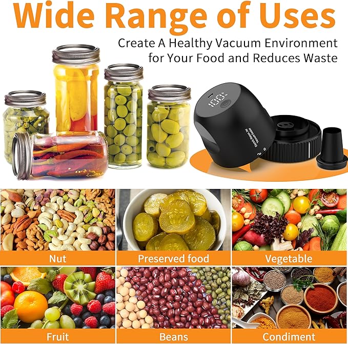 Mason Jar Vacuum Sealer Kit, 3 in 1 Auto Stop Electric Jar Vacuum Sealer for Mason Jars for Wide & Regular Mouth Mason Jars & Sous Vide Bags, Portable Compact Vacuum Seal for Jar Food Storage Black