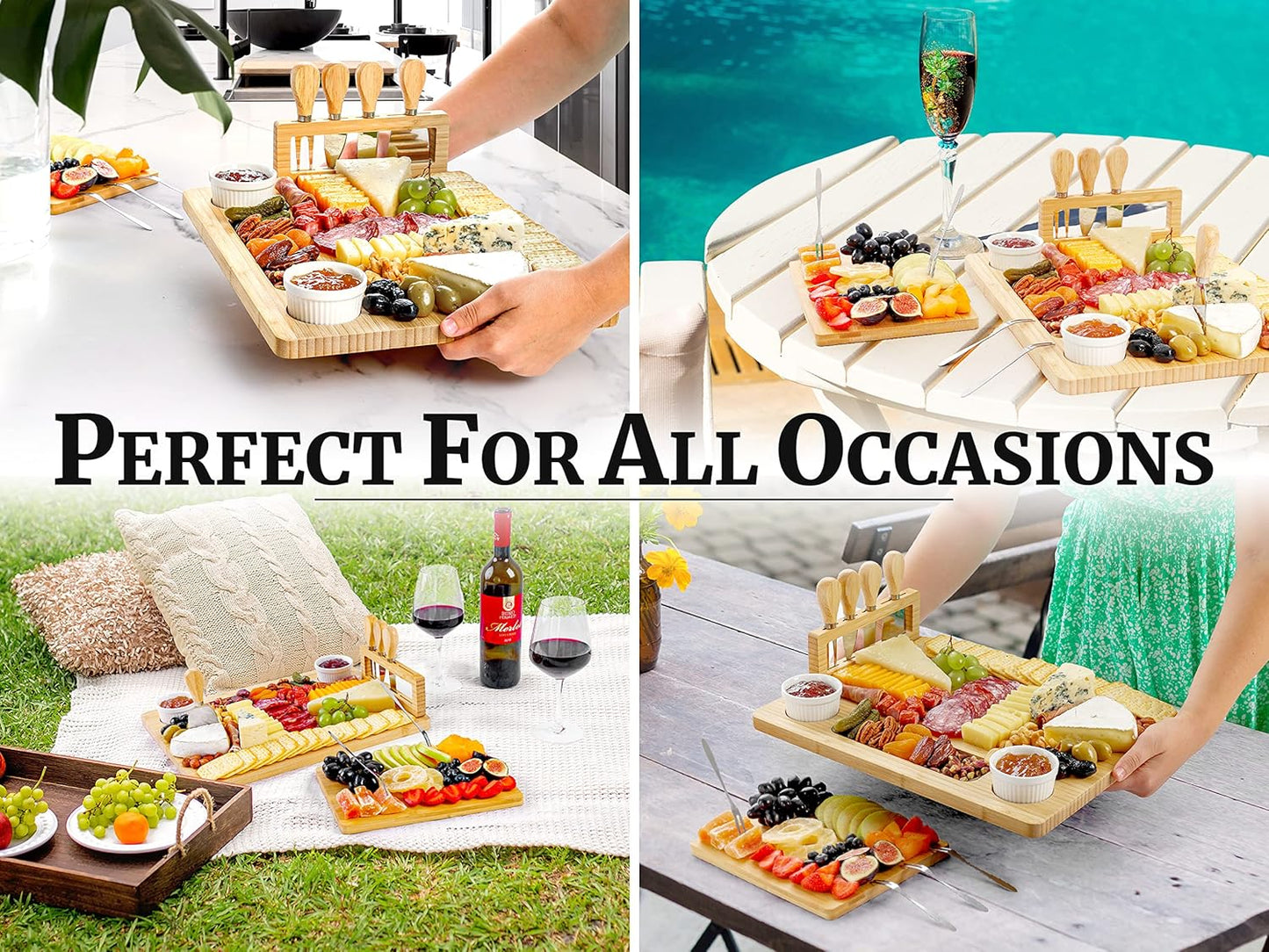 Zulay Kitchen Premium Bamboo Cheese Board Set - Extra Thick Bamboo Charcuterie Board Set with 4 Piece Knife Set - Wooden Cheese Board is Perfect for Charcuterie, Wine and Cheese (Platter Set)