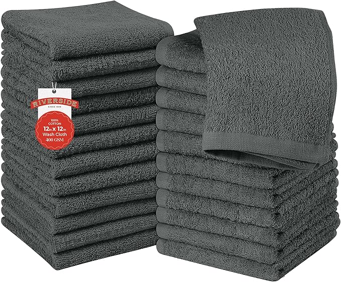 RIVERSIDE 24 Pack Washcloths Set - 100% Cotton [12x12 Inches] - Soft, Quick-Dry & Highly Absorbent Face Towels - Perfect for Bathroom, Gym, Hotel, Spa & Travel - Grey