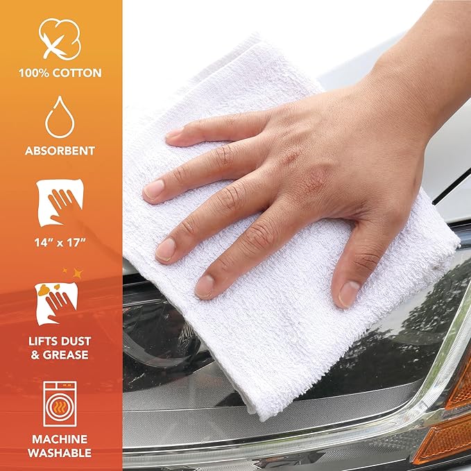 Arkwright TT60 Terry Cloth Towels for Cleaning - (Pack of 60) 100% Cotton Washable Heavy Duty Bar Mop, Absorbent & Quick Drying, Bag of Rags for Kitchen, Auto Shop, and Garage, 14 x 17 in, White