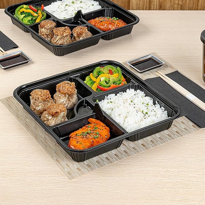 Restaurantware-Bento Tek 39.6 Ounce Meal Prep Containers, 50 Disposable To Go Food Boxes - Lids Sold Separately, 5 Compartments, Black Plastic Bento Lunch Boxes, Microwavable, Freezable