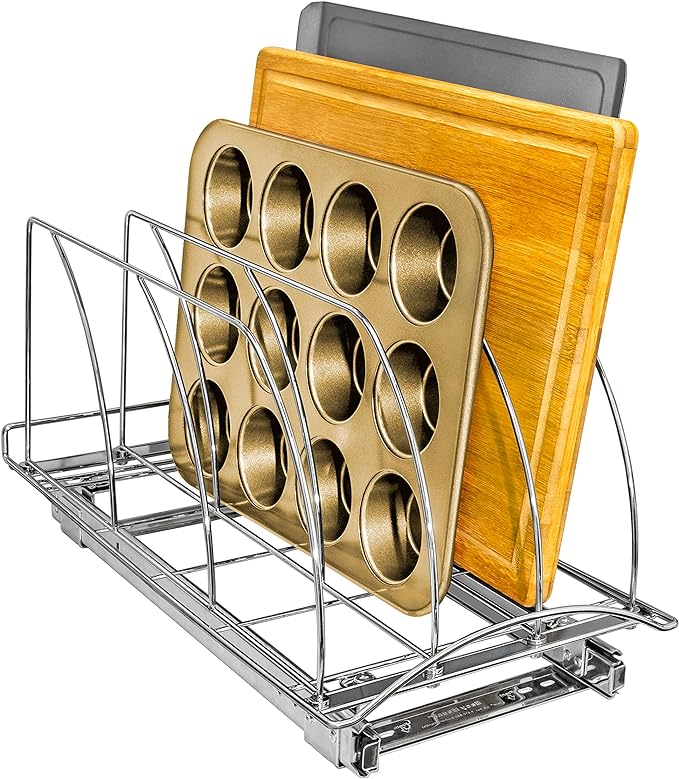 LYNK PROFESSIONAL® Pull Out Cutting Board, Cookie Sheet, and Baking Pan Organizer Rack - Lifetime Ltd. Warranty - Slide Out Kitchen Cabinet Storage Organizers – 10” x 21” Deep - Pullout Shelf, Chrome