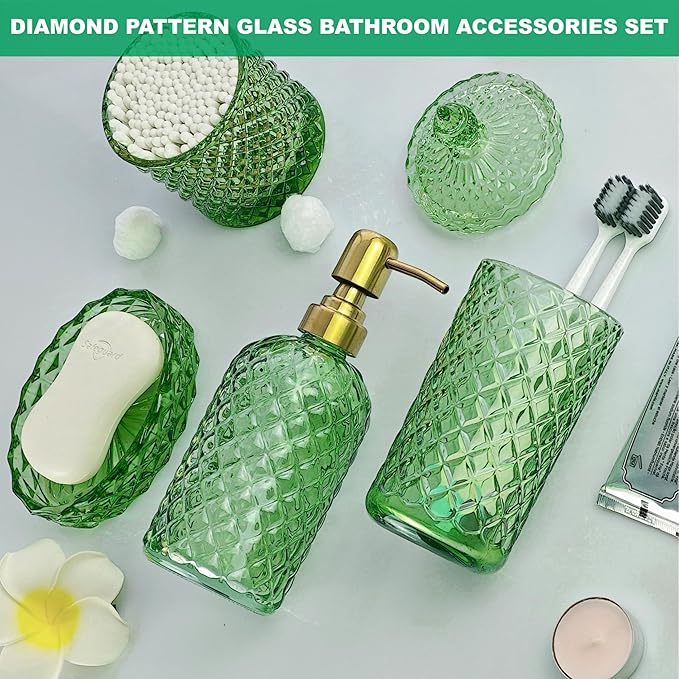 Glass Bathroom Accessories Set, 4Pcs Sage Green Bathroom Sets, Lotion Soap Dispenser, Toothbrush Holder, Soap Dish, Qtips Holder for Modern Bathroom Decor, Crystal Vintage Gift Set