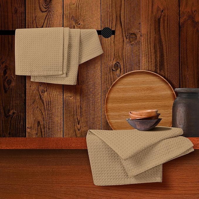 Beige Waffle Kitchen Towels, 16x26 Inches, Soft, Durable, 100% Cotton, Quick Drying, Reusable, Absorbent, Machine Washable, Multipurpose Towels, Everyday Use, Set of 4