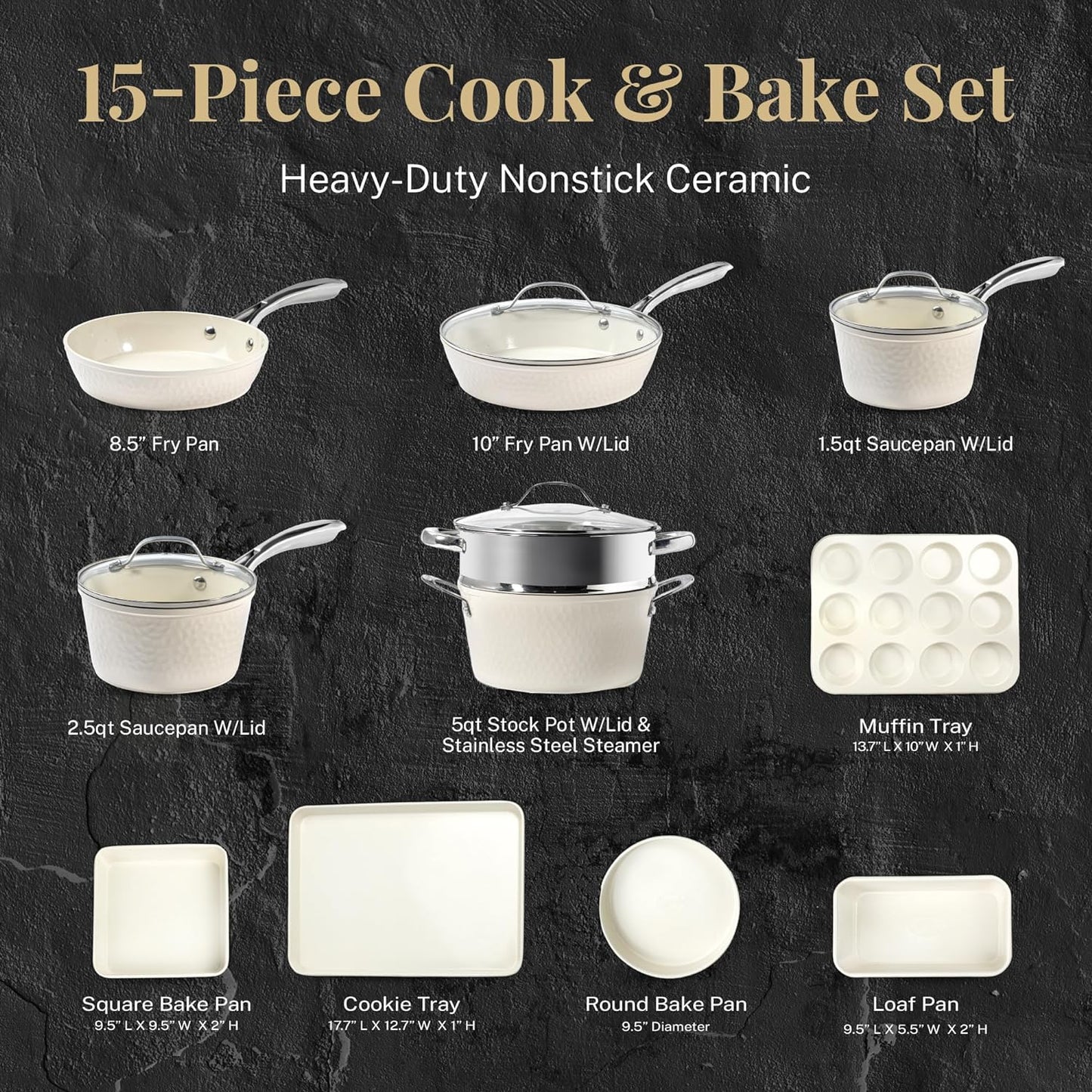 Gotham Steel Hammered 15Pcs Ceramic Cookware Set Nonstick, Induction Pots and Pans Set Non Stick with Bakeware Set & Steamer for Cooking, Non Toxic PFOA PFOS Free, Oven & Dishwasher Safe, Cream White