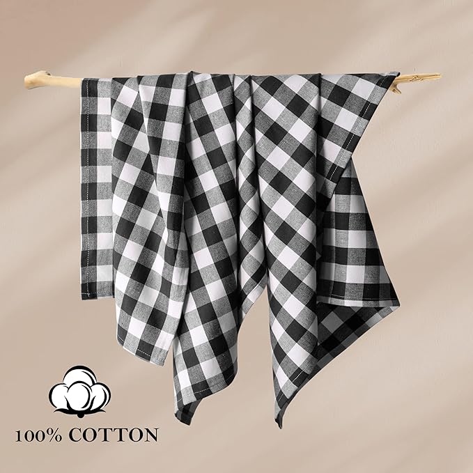 Black Gingham Kitchen Towels, 18x26 Inches, Soft, Absorbent, Durable, Quick Drying, 100% Cotton, Washable & Reusable, Premium Check Towels for Drying Dishes, Drying Hands, and Cleaning