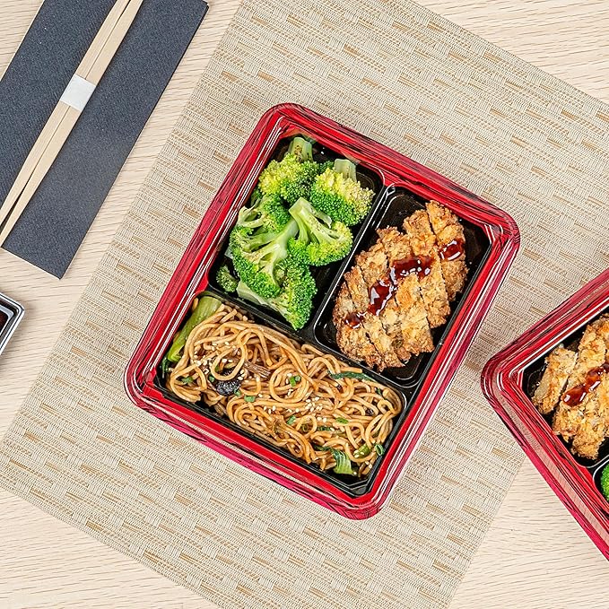 Restaurantware-Bento Tek 16.1 Ounce Meal Prep Containers, 100 Disposable To Go Food Boxes - Lids Sold Separately, 3 Compartments, Red And Black Plastic Bento Lunch Boxes, Freezable, For Take Out