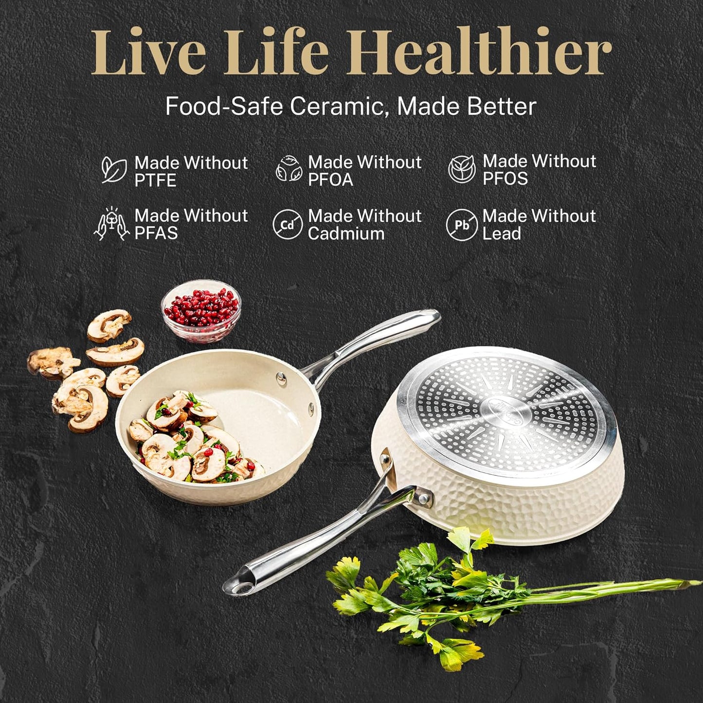 Gotham Steel Hammered 15Pcs Ceramic Cookware Set Nonstick, Induction Pots and Pans Set Non Stick with Bakeware Set & Steamer for Cooking, Non Toxic PFOA PFOS Free, Oven & Dishwasher Safe, Cream White