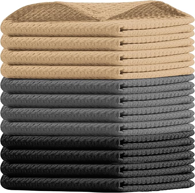 Waffle Dishcloths, 12x12 Inch, Soft, Absorbent, Durable, Quick Drying, Reusable, 100% Cotton, Ideal for Cleaning, Towels, Multipurpose Use, Set of 12, Black,Grey, Beige