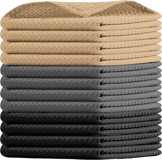 Waffle Dishcloths, 12x12 Inch, Soft, Absorbent, Durable, Quick Drying, Reusable, 100% Cotton, Ideal for Cleaning, Towels, Multipurpose Use, Set of 12, Black,Grey, Beige