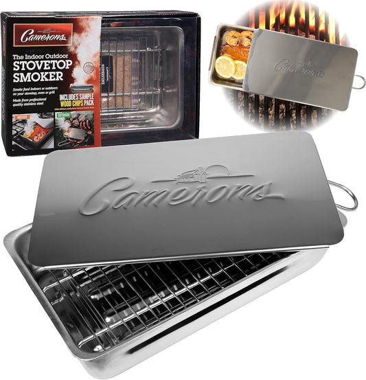 Camerons Indoor Outdoor Stovetop Smoker - Stainless Steel Barbecue Smoker Box w/Oak Wood Chips & Recipes - Works On Any Heat Source, Stovetop or BBQ Grill for Smoking Meats - Grilling Gift for Men