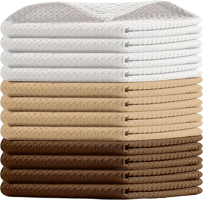 Waffle Dishcloths, 12x12 Inch, Absorbent, Soft, Durable, 100%, Quick Drying, Reusable, Ideal for Kitchen Cleaning, Cotton Hand Towels, Set of 12, Brown, Beige, White