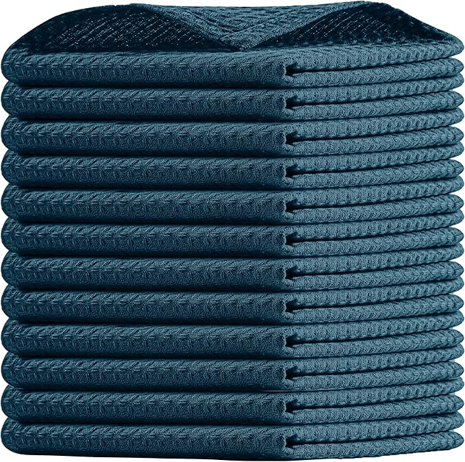 Teal Waffle Dishcloths, 12"x12", Soft, and Absorbent, 100% Cotton, Reusable, Quick Drying, Machine Washable, Ideal for Kitchen Cleaning, Multipurpose Towels for Everyday Use, 12 Pack