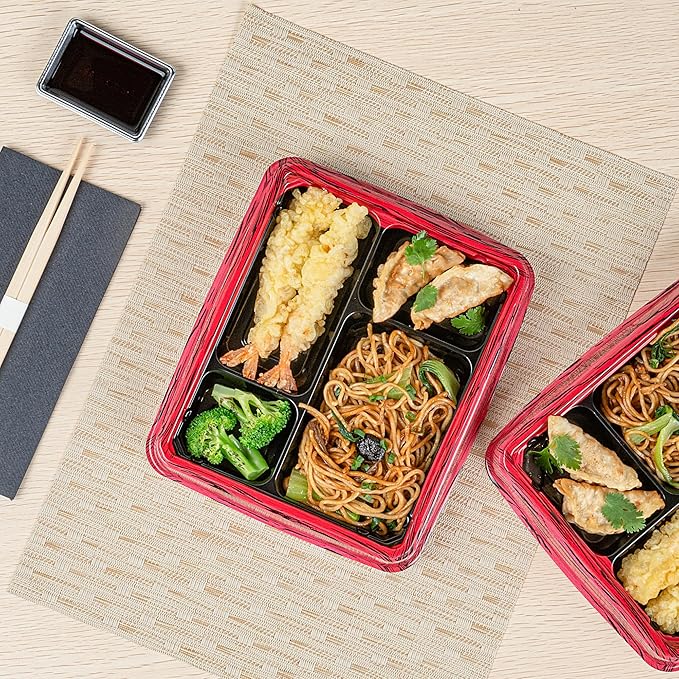 Restaurantware Bento Tek 15.2 Ounce Meal Prep Containers, 100 Disposable To Go Food Boxes - Lids Sold Separately, 4 Compartments, Red And Black Plastic Bento Lunch Boxes, Freezable, For Take Out