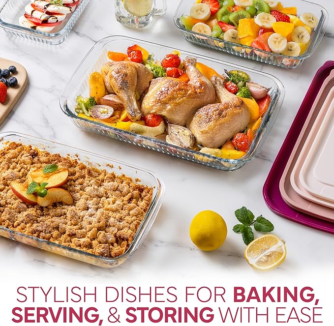 COOK WITH COLOR 8-Piece Deep Glass Baking Dish Set with Plastic Lids – Casserole and Food Storage Containers for Lasagna, Leftovers – Freezer-to-Oven, Microwave & Dishwasher Safe, Fluted Rose