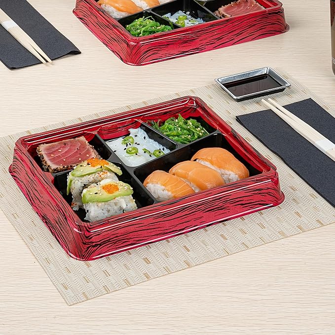 Restaurantware-Bento Tek 18.3 Ounce Meal Prep Containers, 50 Disposable To Go Food Boxes - Lids Sold Separately, 5 Compartments, Red And Black Plastic Bento Lunch Boxes, Freezable, For Take Out