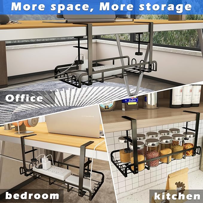 Sleclean Under Desk Cable Management Tray, Upgraded Long Arm Clamp, 16.6"x7.1" No Drill Steel Organizers, Cable Tray with Clamp for Wire Management, Home - No Damage to Desk