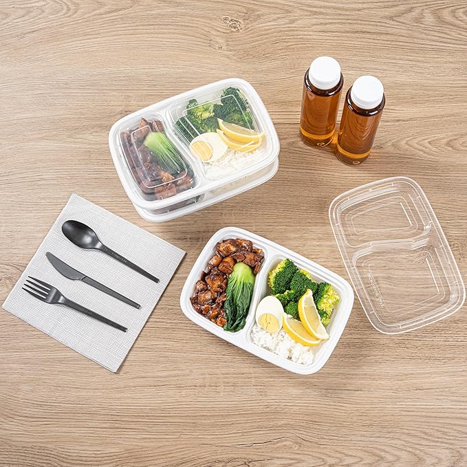 Restaurantware Asporto 32 Ounce Compartment Take Out Boxes, 50 Microwavable Meal Prep Containers - 2 Compartments, With Clear Plastic Lids, White Plastic Food Containers, Do Not Contain BPA