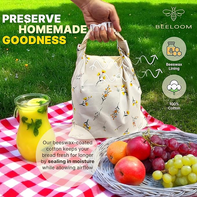 XL Reusable Beeswax Bread Bags (Set of 2) – 100% Cotton & Beeswax Lining – Eco-Friendly - Freezer Safe - Keeps Bread Fresh Longer -Easy to Clean Cloth Bags for Sourdough