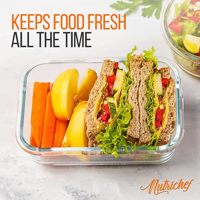 NutriChef 10-Piece Superior Glass Food Storage Containers Set (5 Containers + 5 Locking Lids),Stackable Meal-prep Design, BPA-free Airtight Clear Locking lids with Vent Lids & Air Hole, Gray