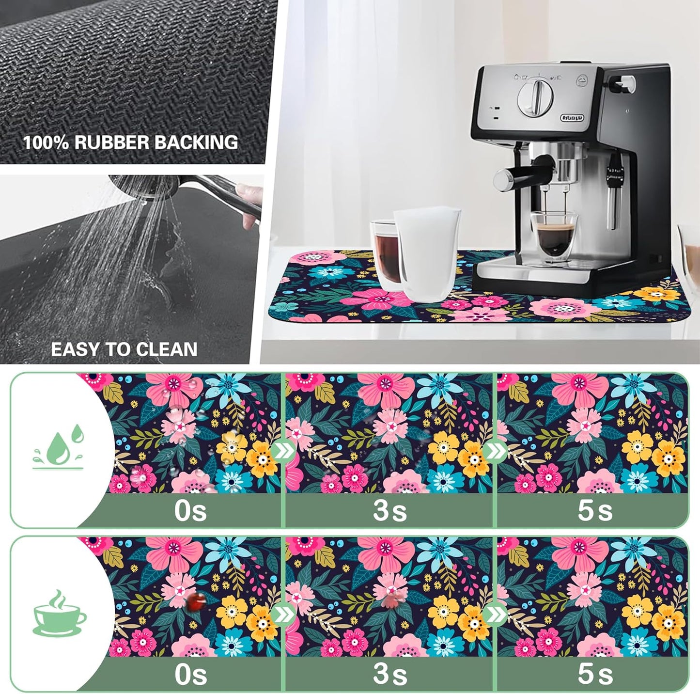 Dish Drying Mat Bright Colorful Flowers Leaves Coffee Mat,12"X19" Bsorbent Dish Drying Pad for Sink Dishes or Under Rack Kitchen Counter Accessories Absorbent Hide Backed Drying Mat