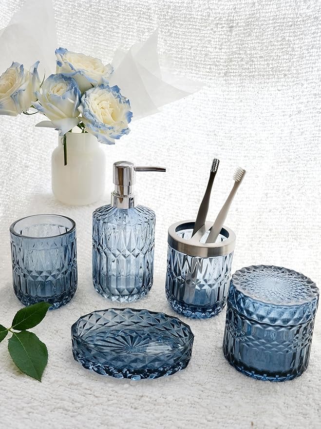 Blue Bathroom Accessories Set, 5Pcs Clear Glass Bathroom Accessories, Hand Soap Dispenser, Soap Dish, Toothbrush Holder Set, Qtips Holder for Crystal Vantage Bath Countertop Decor, Gift Set