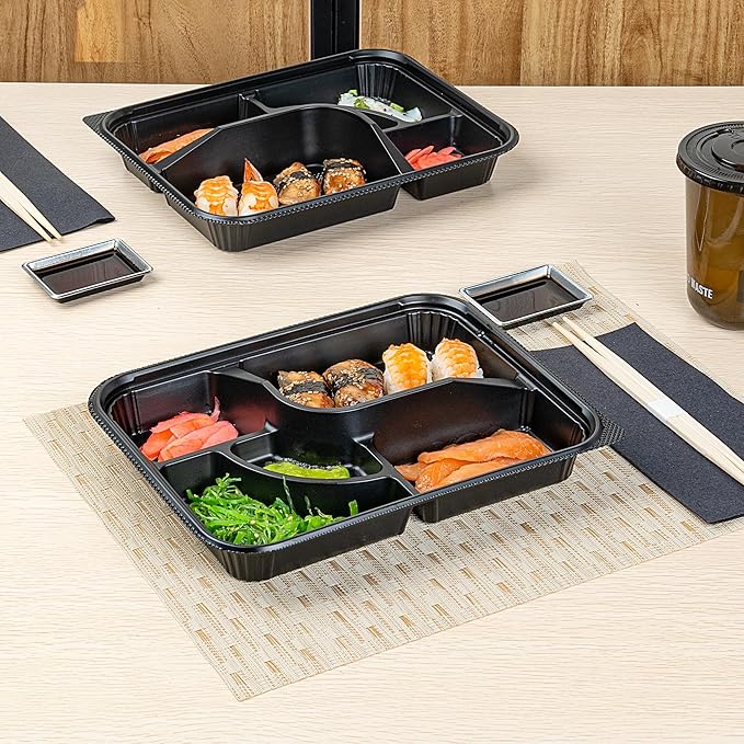 Restaurantware-Bento Tek 26.2 Ounce Meal Prep Containers, 100 Disposable To Go Food Boxes - Lids Sold Separately, 5 Compartments, Black Plastic Bento Lunch Boxes, Microwavable, Freezable