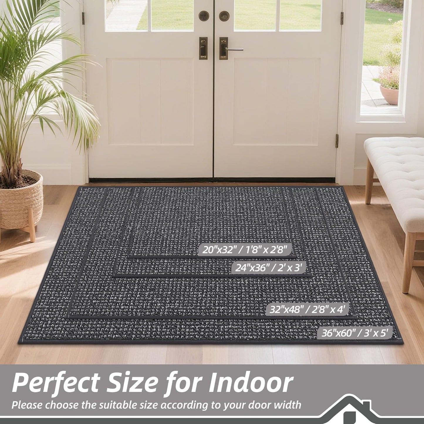 BEQHAUSE Dirt Trapper Door Mat 24" x 36", Non-Slip Washable Doormats Entrance Mat, Dirt Resistant and Absorbent Welcome Mat, Low Profile Floor Mats for Front Back Door and Entryway, Charcoal