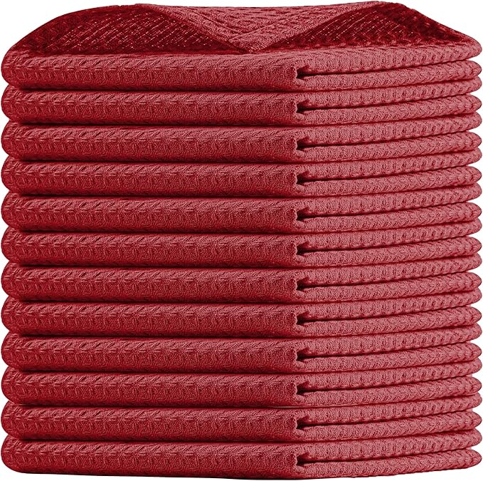 Red Waffle Dishcloths, 12x12 Inch, Absorbent, Soft, 100% Cotton, Quick Drying and Reusable, Machine Washable, Perfect for Kitchen Cleaning, Multipurpose Towel for Everyday Use, 12 Pack