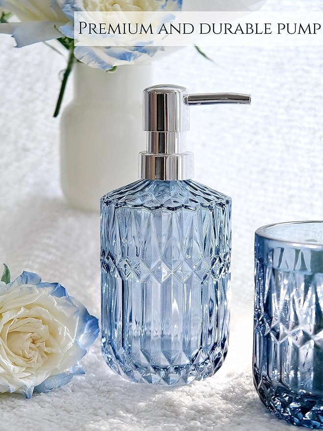Blue Bathroom Accessories Set, 5Pcs Clear Glass Bathroom Accessories, Hand Soap Dispenser, Soap Dish, Toothbrush Holder Set, Qtips Holder for Crystal Vantage Bath Countertop Decor, Gift Set